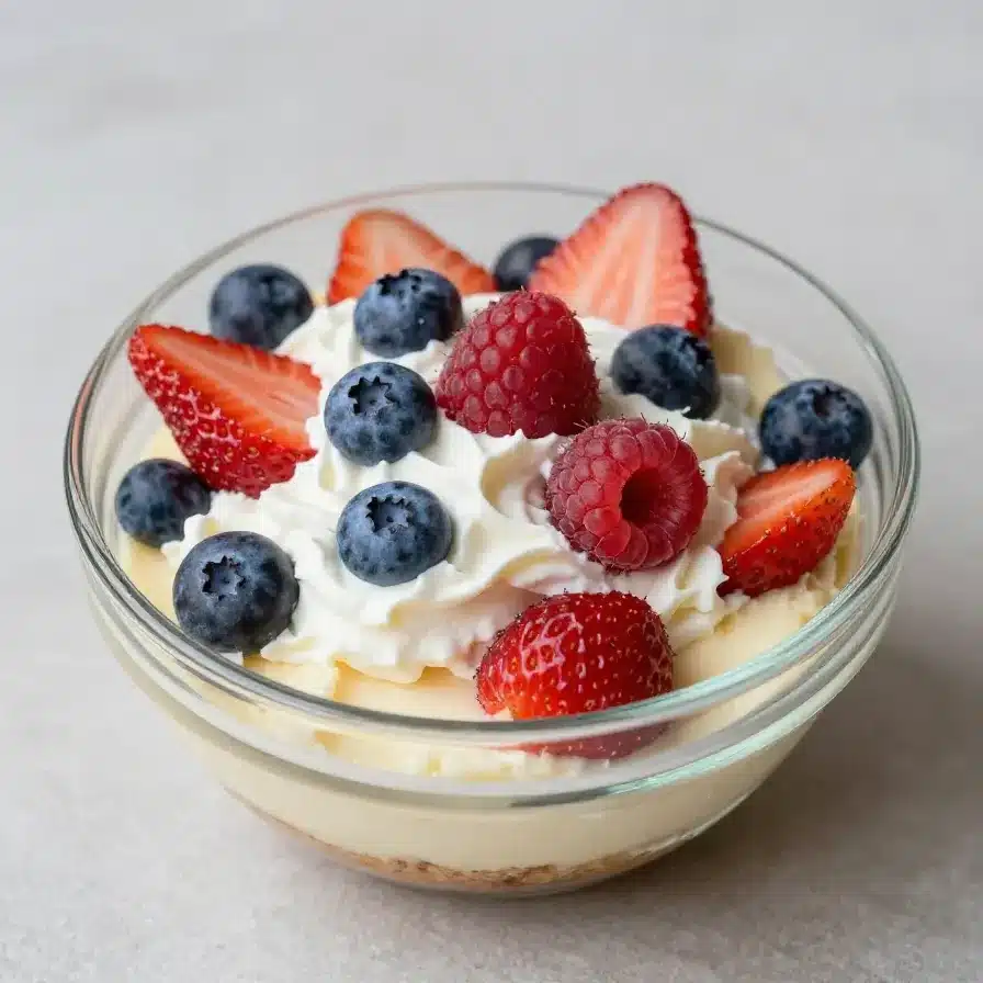 A bowl of Red White and Blue Cheesecake Salad featuring strawberries, blueberries, and creamy cheesecake filling.