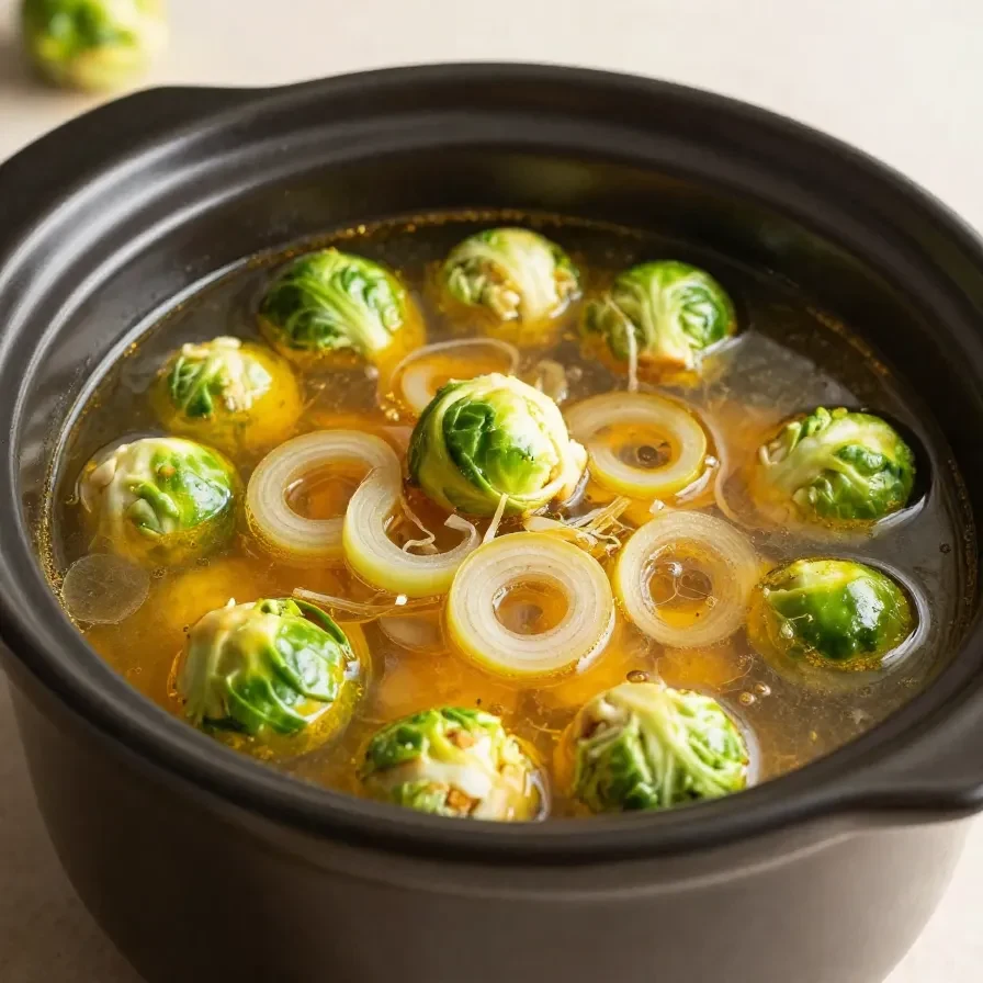 A slow cooker filled with tender corned beef and vibrant Brussels sprouts