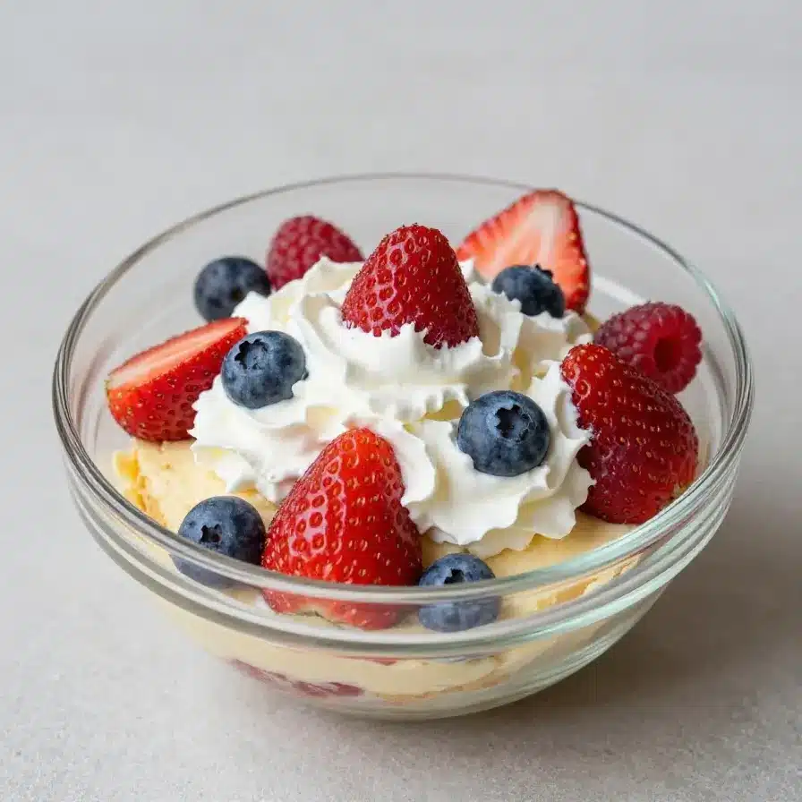 Red White and Blue Cheesecake Salad 2 A bowl of Red White and Blue Cheesecake Salad featuring strawberries, blueberries, and creamy cheesecake filling.