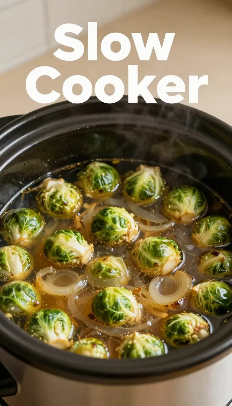 A slow cooker filled with tender corned beef and vibrant Brussels sprouts