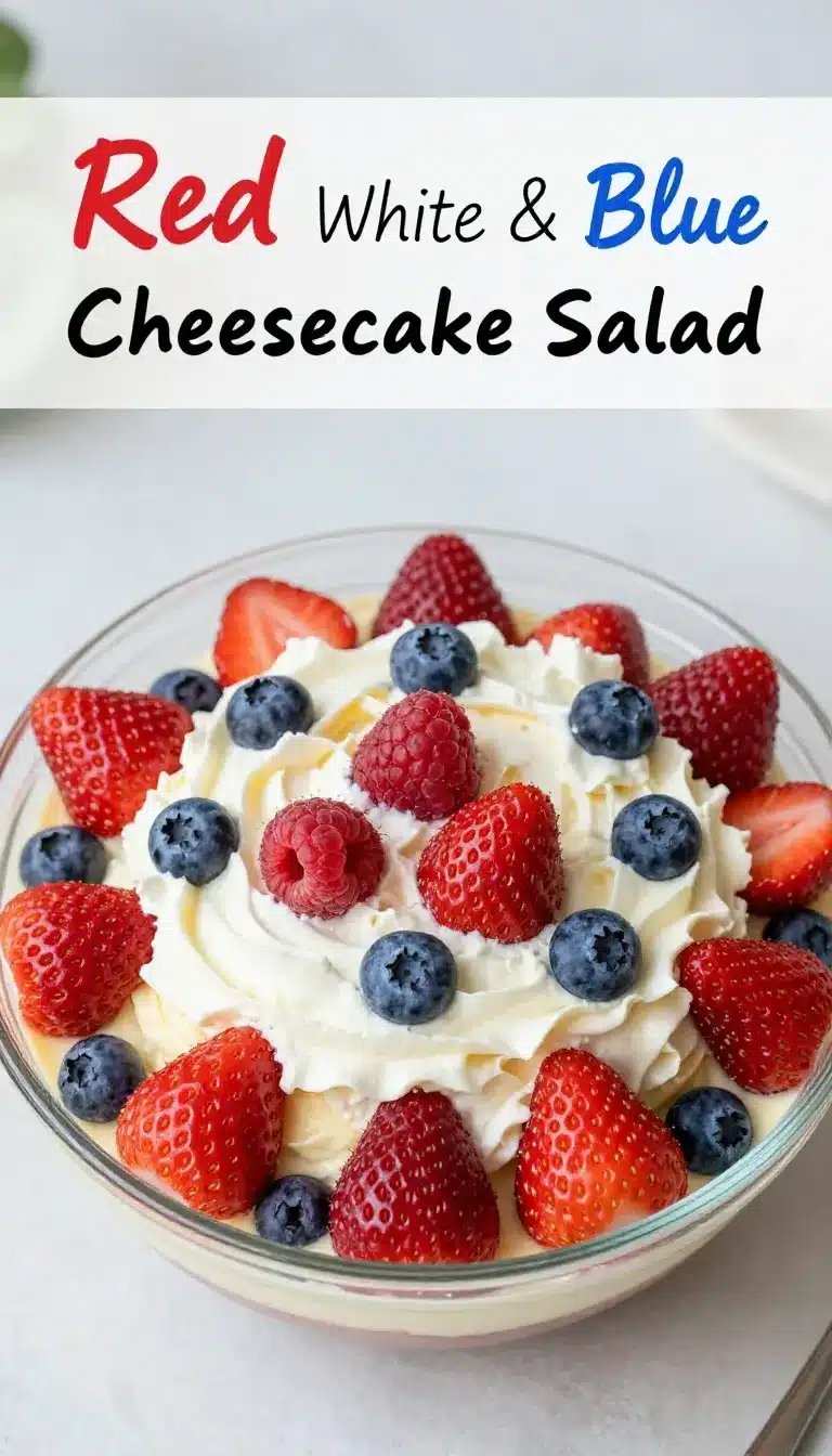 Red White and Blue Cheesecake Salad 5 A bowl of Red White and Blue Cheesecake Salad featuring strawberries, blueberries, and creamy cheesecake filling.