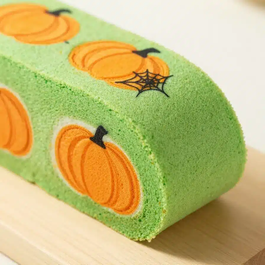 A spooky pumpkin roll cake decorated with spiderweb icing and surrounded by Halloween-themed props.
