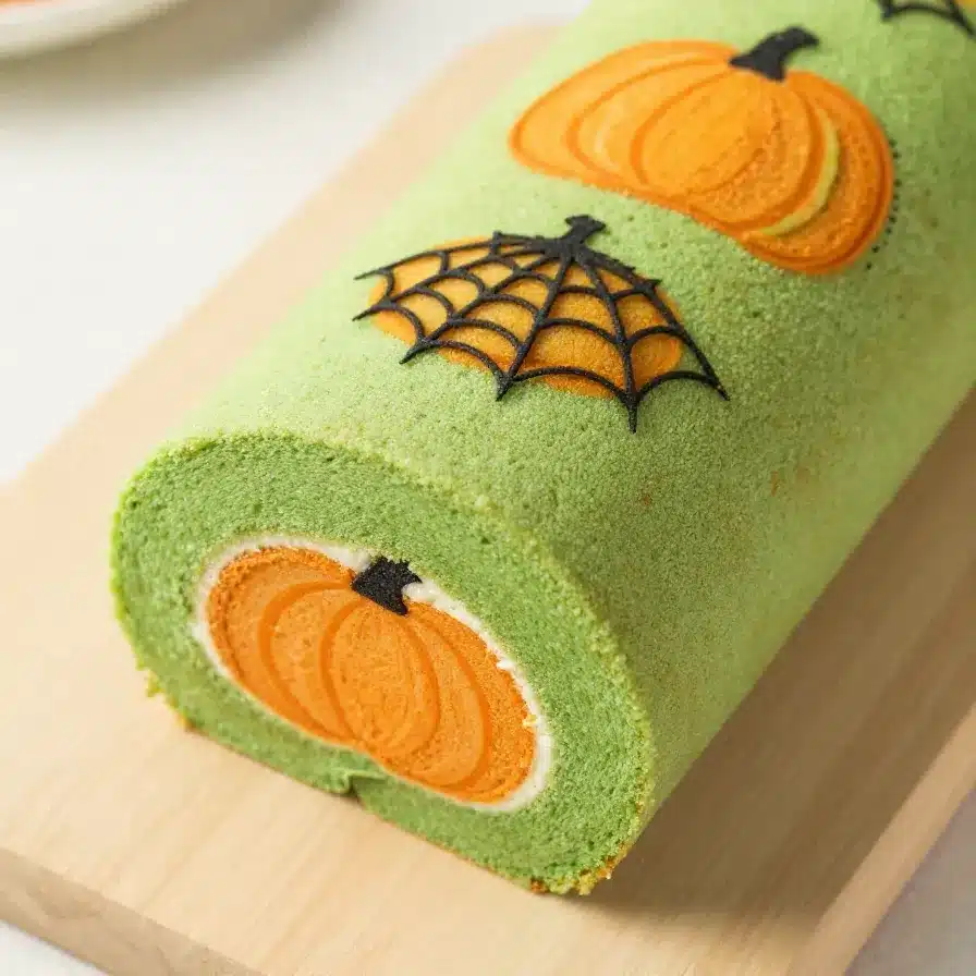A spooky pumpkin roll cake decorated with spiderweb icing and surrounded by Halloween-themed props.