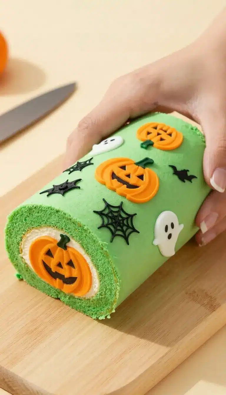 A spooky pumpkin roll cake decorated with spiderweb icing and surrounded by Halloween-themed props.