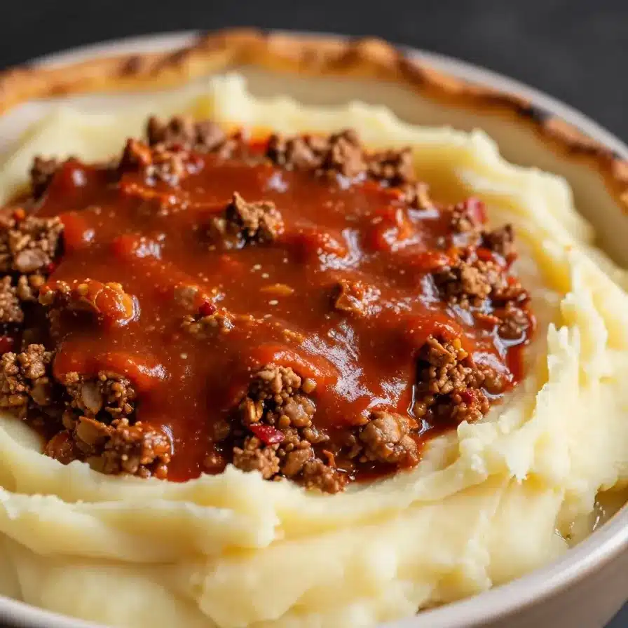 A gory shepherd’s pie with a gruesome design resembling blood and guts.