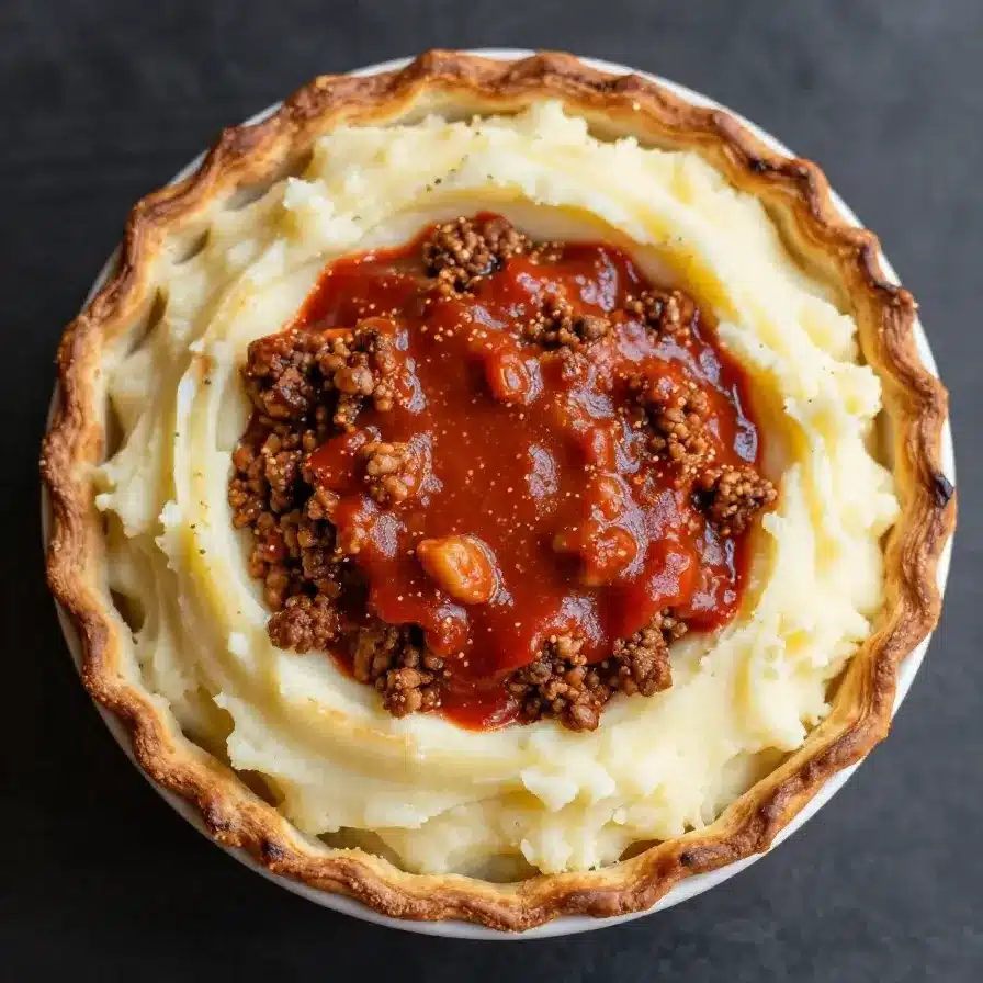 Gory Shepherd’s Pie 2 A gory shepherd’s pie with a gruesome design resembling blood and guts.