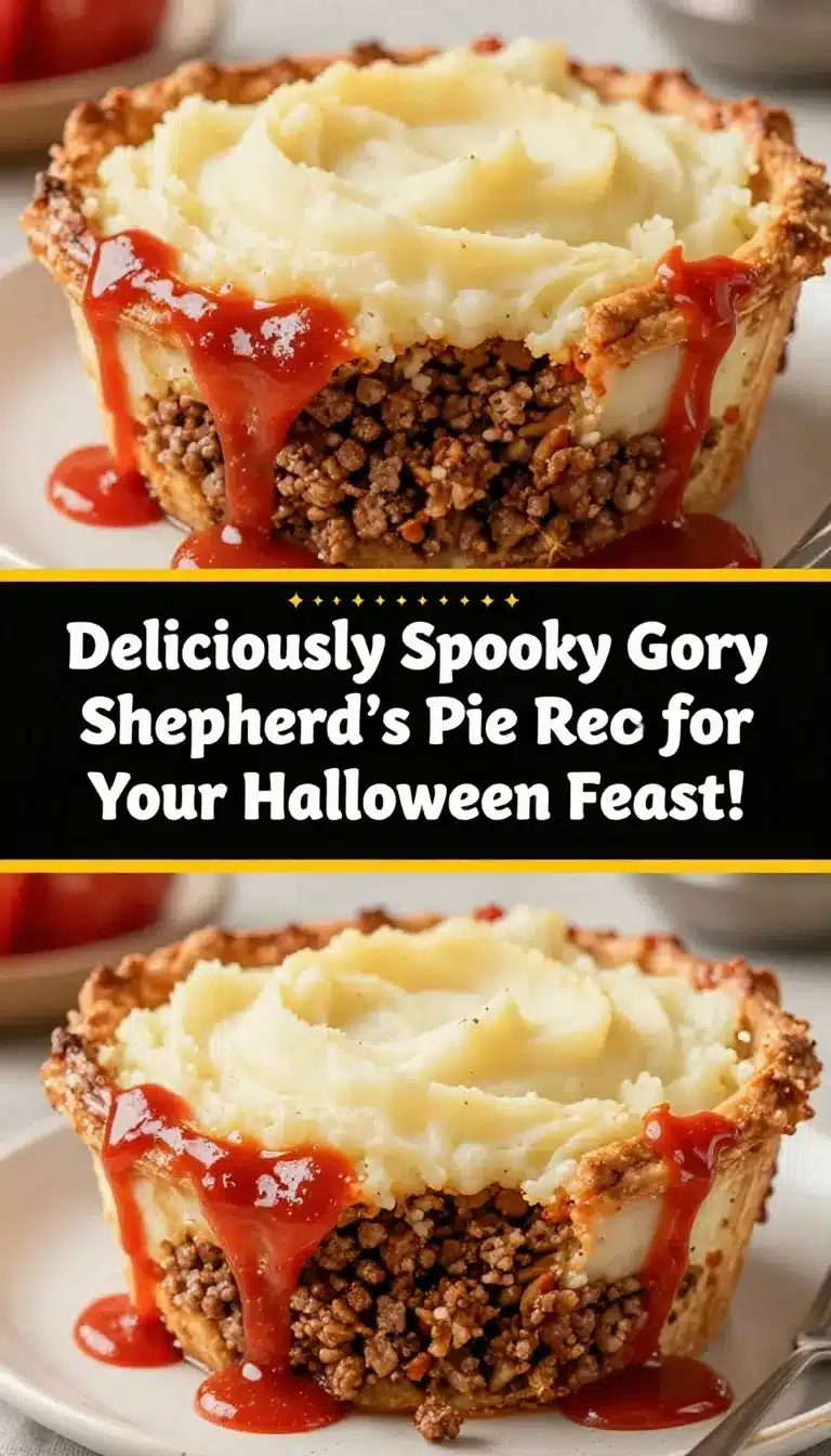 Gory Shepherd’s Pie 6 A gory shepherd’s pie with a gruesome design resembling blood and guts.