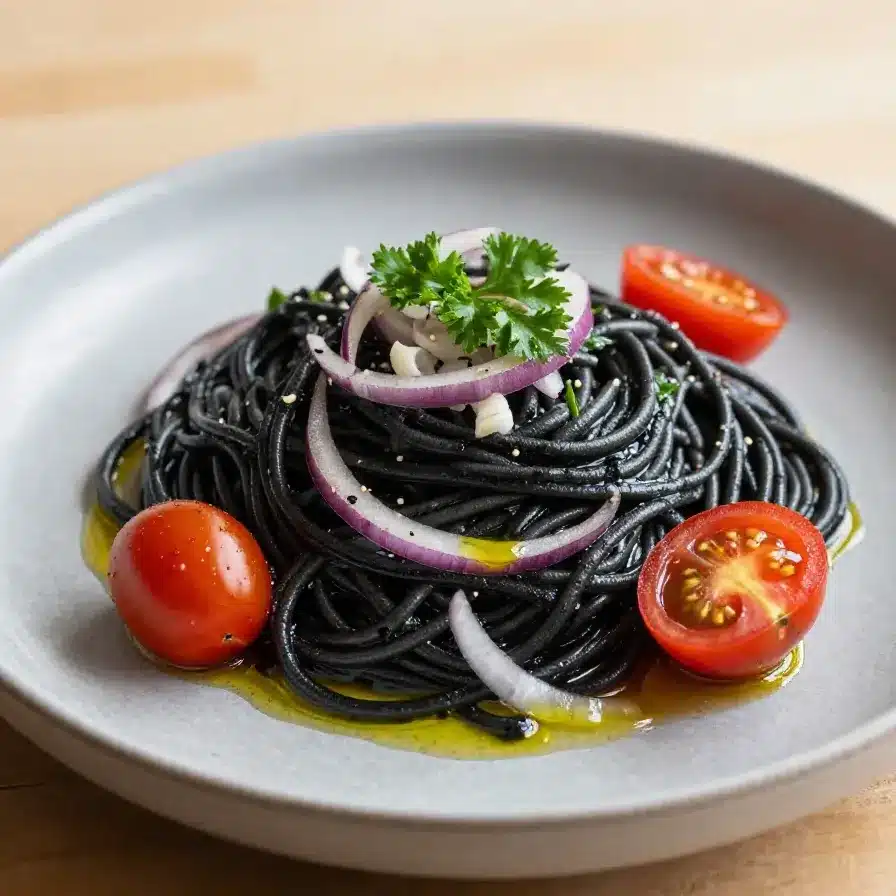 A plate of black pasta garnished with fresh herbs and grated cheese on a wooden table.