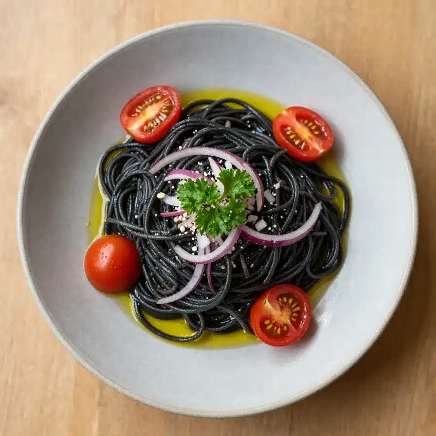 Black Pasta Dish 2 A plate of black pasta garnished with fresh herbs and grated cheese on a wooden table.