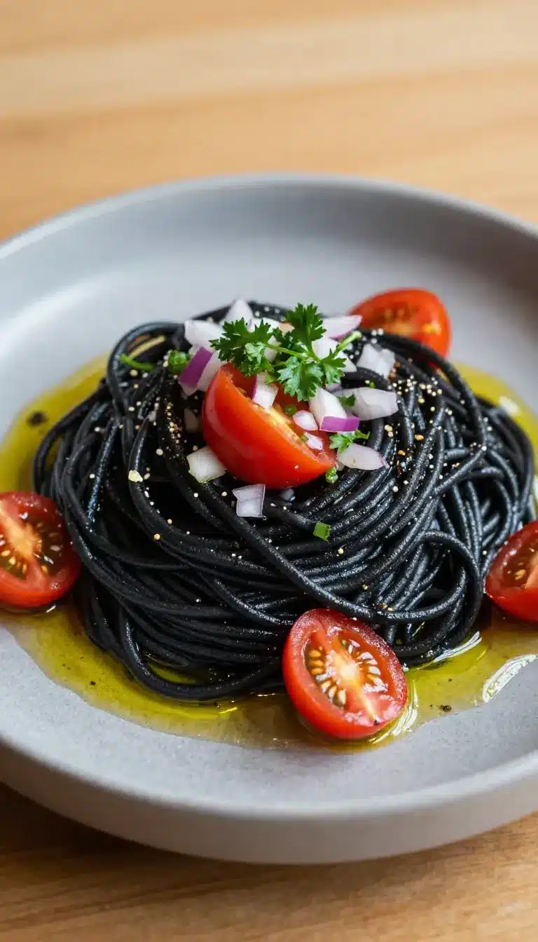 Black Pasta Dish 5 A plate of black pasta garnished with fresh herbs and grated cheese on a wooden table.