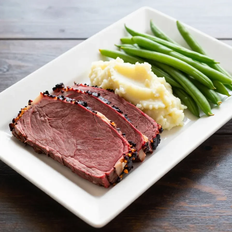 A slow cooker filled with corned beef glazed with a tangy orange sauce, garnished with fresh herbs.