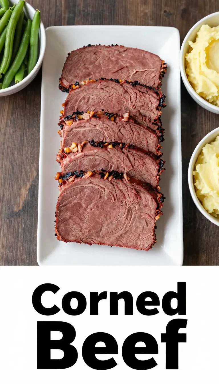 A slow cooker filled with corned beef glazed with a tangy orange sauce, garnished with fresh herbs.