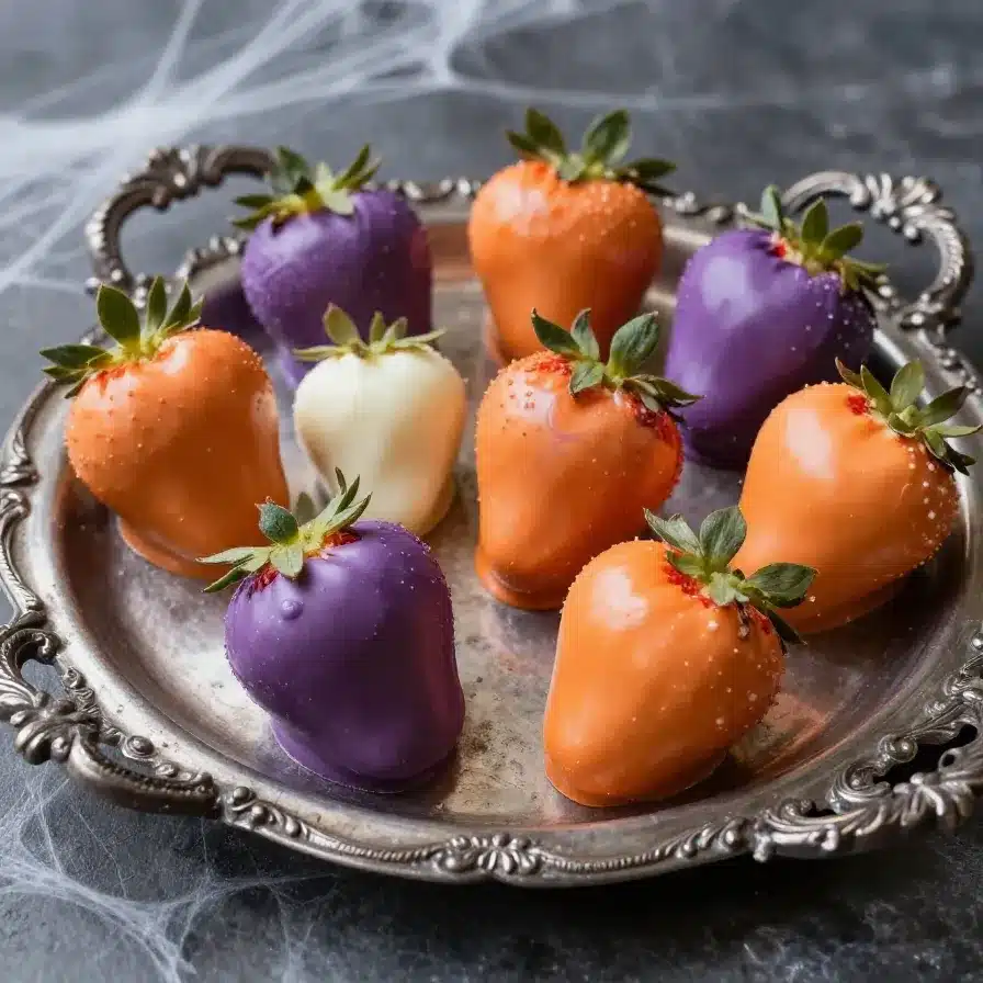 Chocolate-covered strawberries decorated as Halloween-themed ghosts and pumpkins.