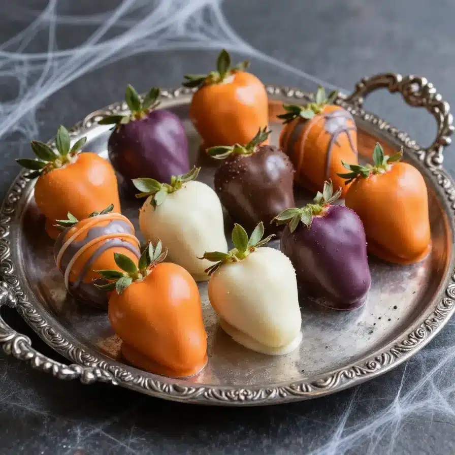 Chocolate-covered strawberries decorated as Halloween-themed ghosts and pumpkins.