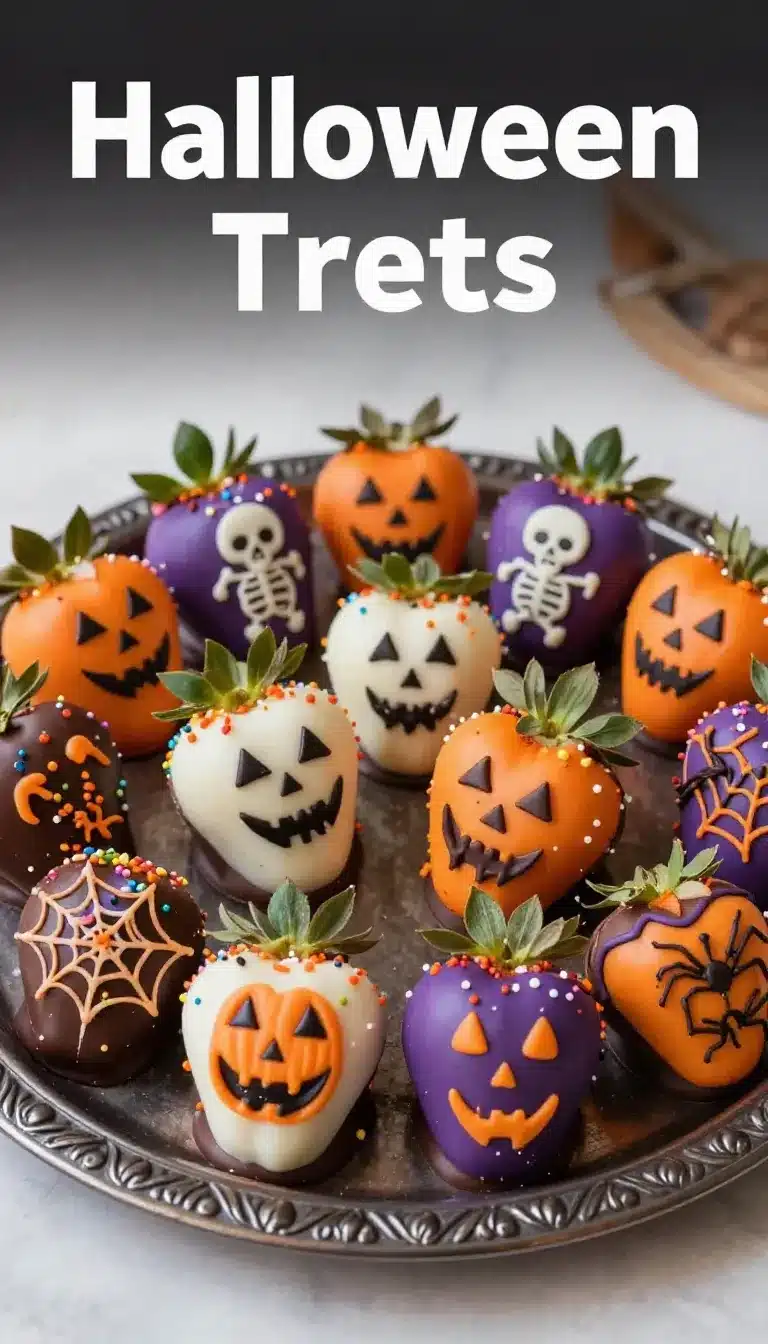 Chocolate-covered strawberries decorated as Halloween-themed ghosts and pumpkins.