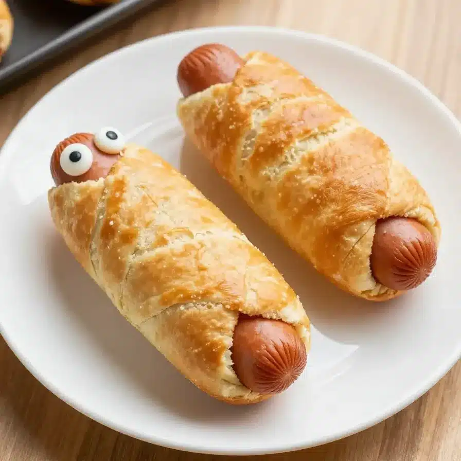 A plate of mummy hot dogs wrapped in crescent dough, styled for Halloween.