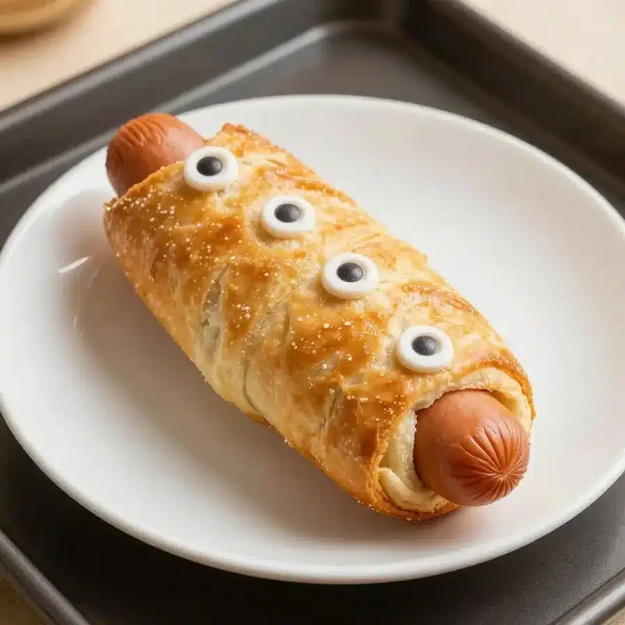 A plate of mummy hot dogs wrapped in crescent dough, styled for Halloween.