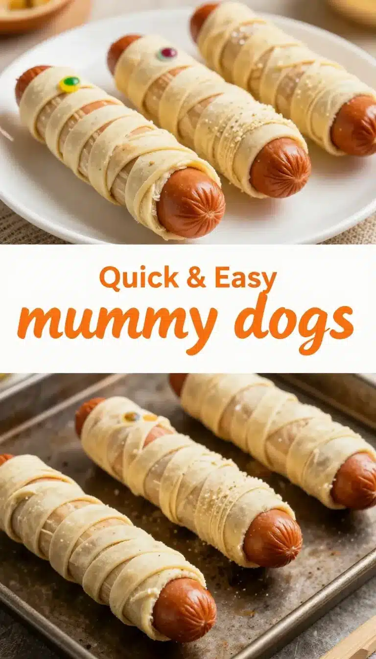 A plate of mummy hot dogs wrapped in crescent dough, styled for Halloween.
