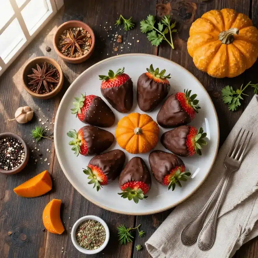 A plate of pumpkin-shaped chocolate-covered strawberries arranged neatly on a wooden table.
