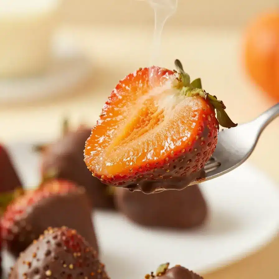 Pumpkin Chocolate Covered Strawberries 2 A plate of pumpkin-shaped chocolate-covered strawberries arranged neatly on a wooden table.
