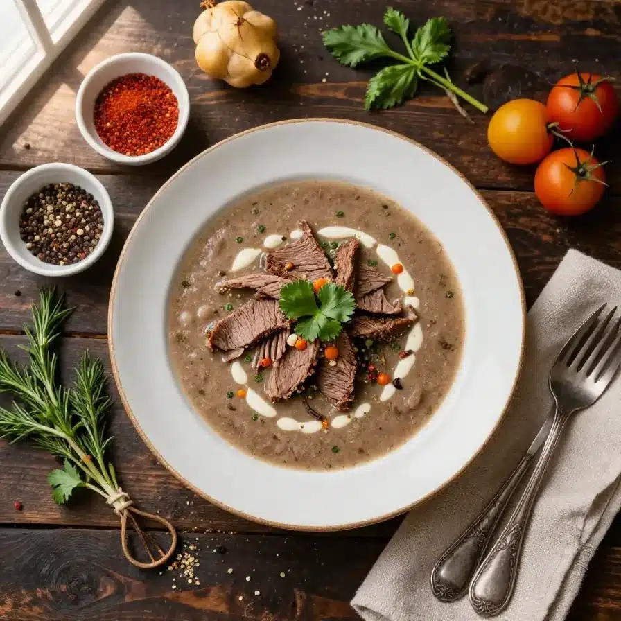 A steaming bowl of corned beef soup garnished with fresh parsley, served on a wooden table.