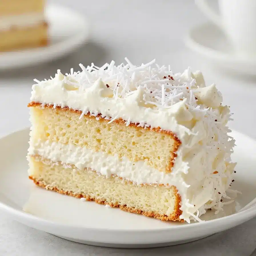 A fluffy coconut cloud cake topped with shredded coconut served on a white plate.