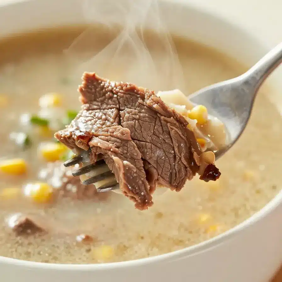 A steaming bowl of corned beef soup garnished with fresh parsley, served on a wooden table.