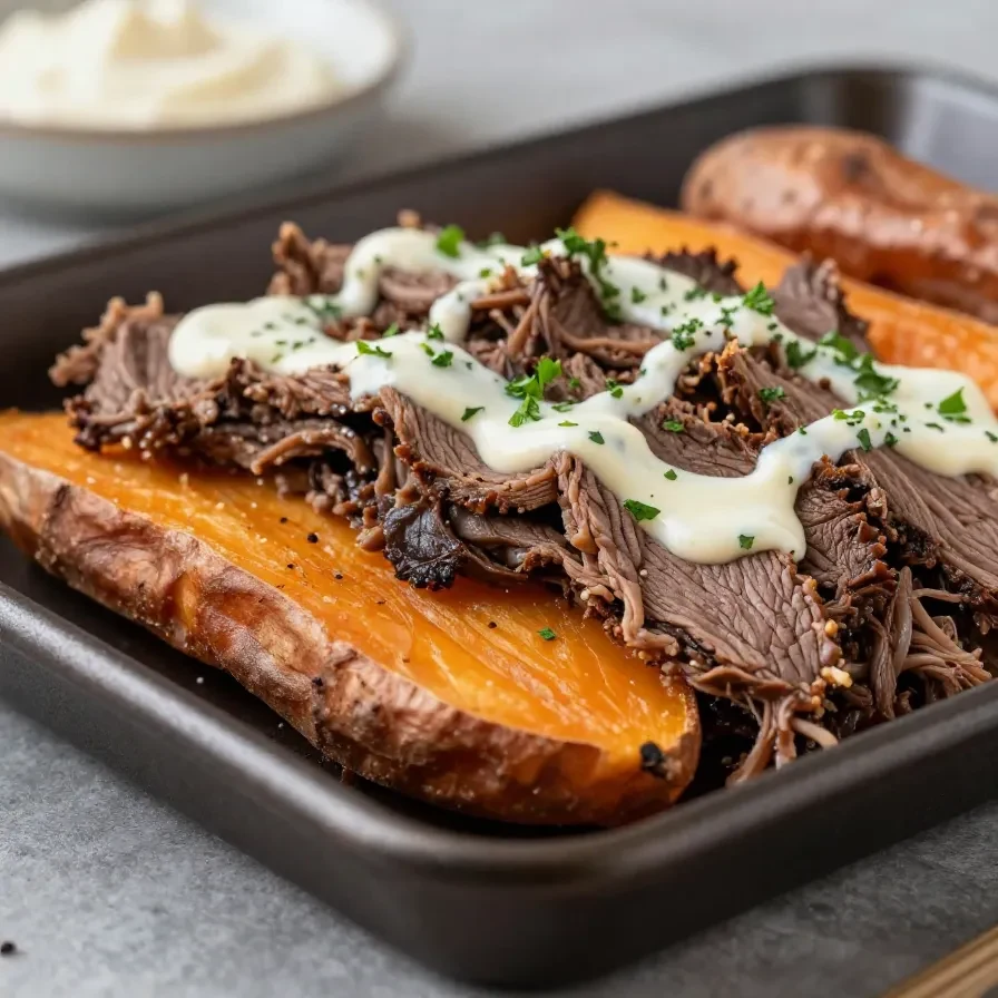 A delicious plate of corned beef stuffed sweet potatoes topped with green onions.