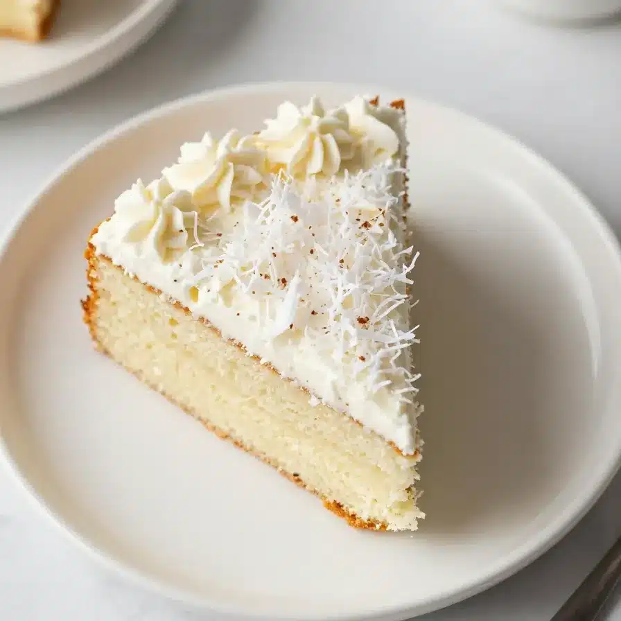 Coconut Cloud Cake Recipe 2 A fluffy coconut cloud cake topped with shredded coconut served on a white plate.