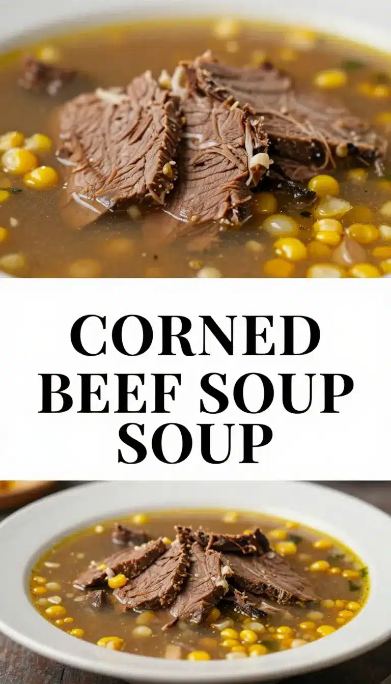 A steaming bowl of corned beef soup garnished with fresh parsley, served on a wooden table.