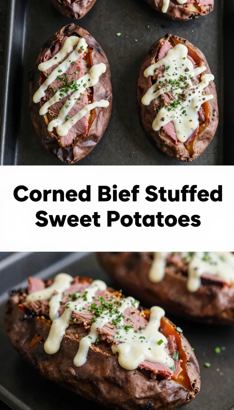A delicious plate of corned beef stuffed sweet potatoes topped with green onions.