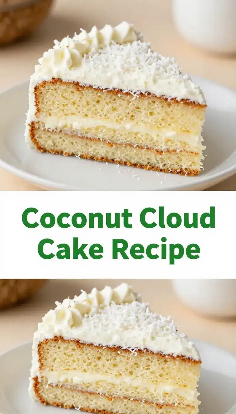 Coconut Cloud Cake Recipe 5 A fluffy coconut cloud cake topped with shredded coconut served on a white plate.