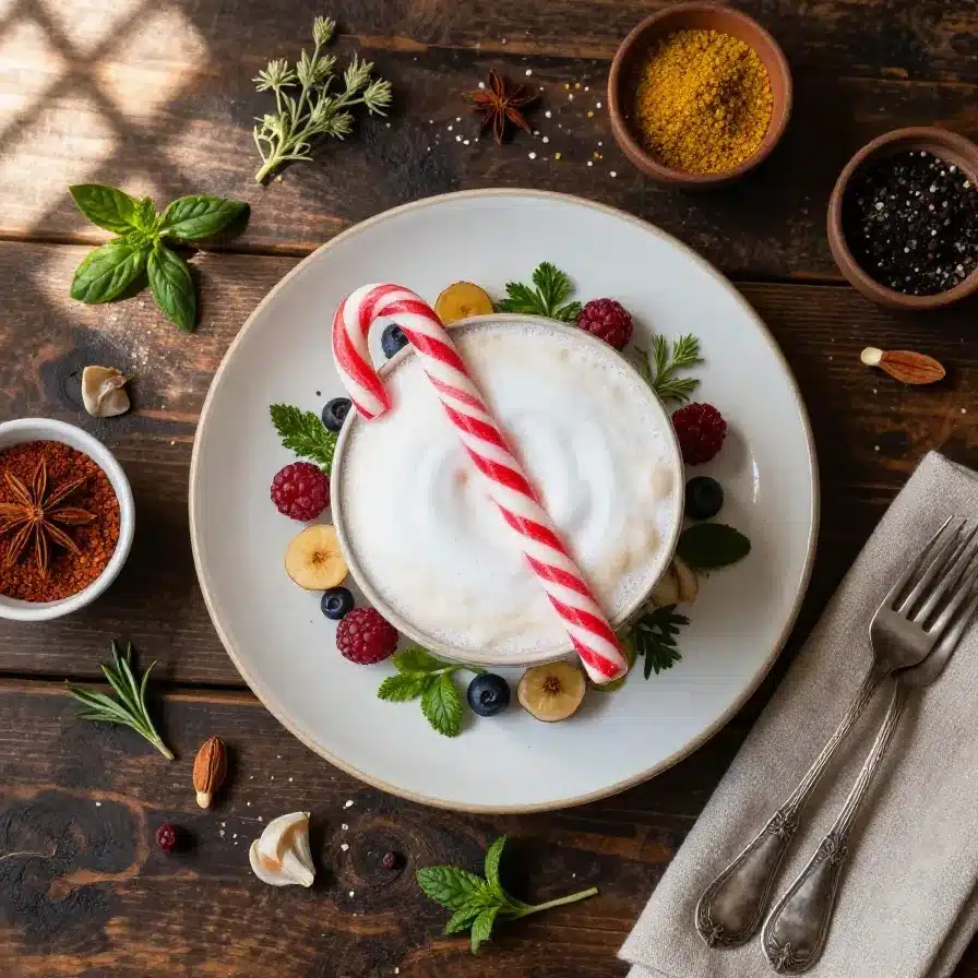 A festive Candy Cane Frappuccino topped with whipped cream and crushed candy canes