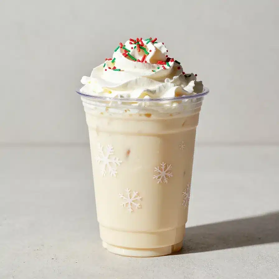 A vibrant Olaf Frappuccino topped with whipped cream and colorful sprinkles