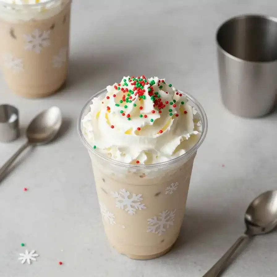 Olaf Frappuccino (Secret Menu) 2 A vibrant Olaf Frappuccino topped with whipped cream and colorful sprinkles