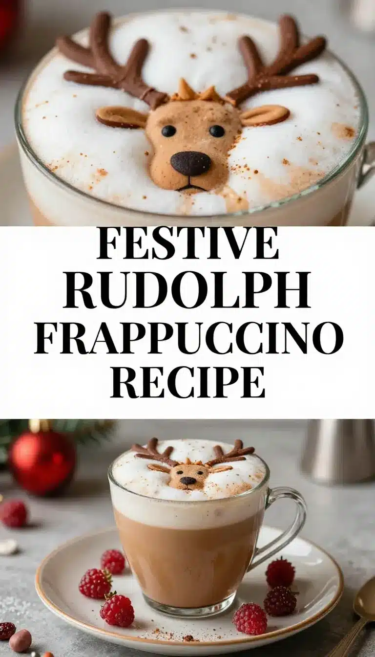 Rudolph Frappuccino 5 A festive Rudolph Frappuccino topped with whipped cream and red sprinkles