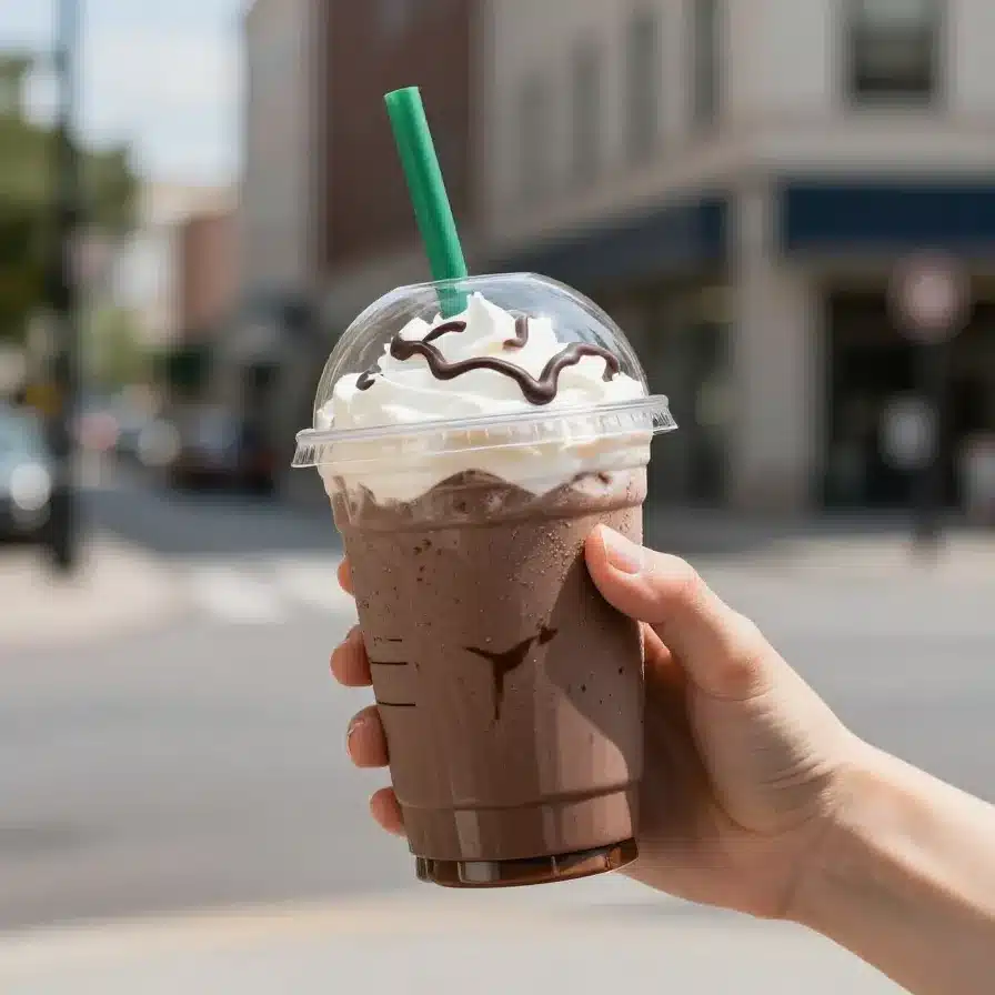 A delicious Ferrero Rocher Frappuccino topped with whipped cream and chocolate drizzle