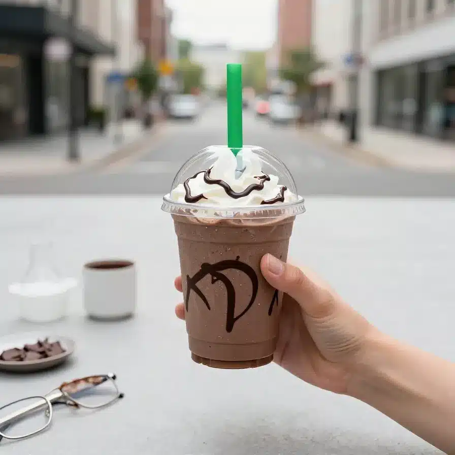 A delicious Ferrero Rocher Frappuccino topped with whipped cream and chocolate drizzle