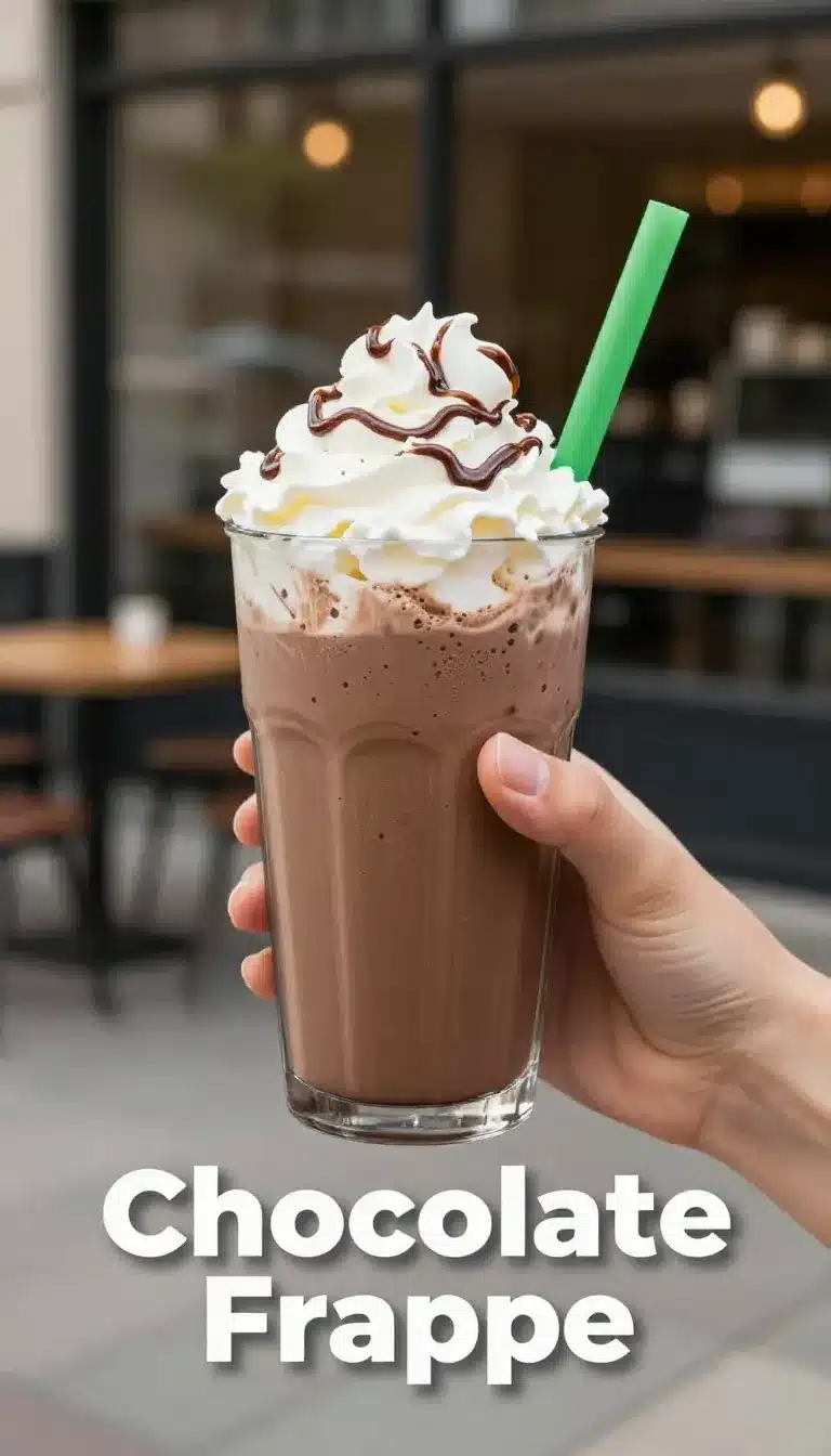 A delicious Ferrero Rocher Frappuccino topped with whipped cream and chocolate drizzle