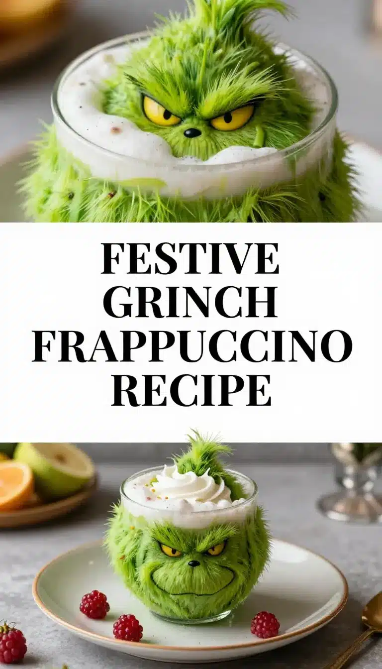 Grinch Frappuccino 4 A festive Grinch Frappuccino topped with whipped cream and green sprinkles