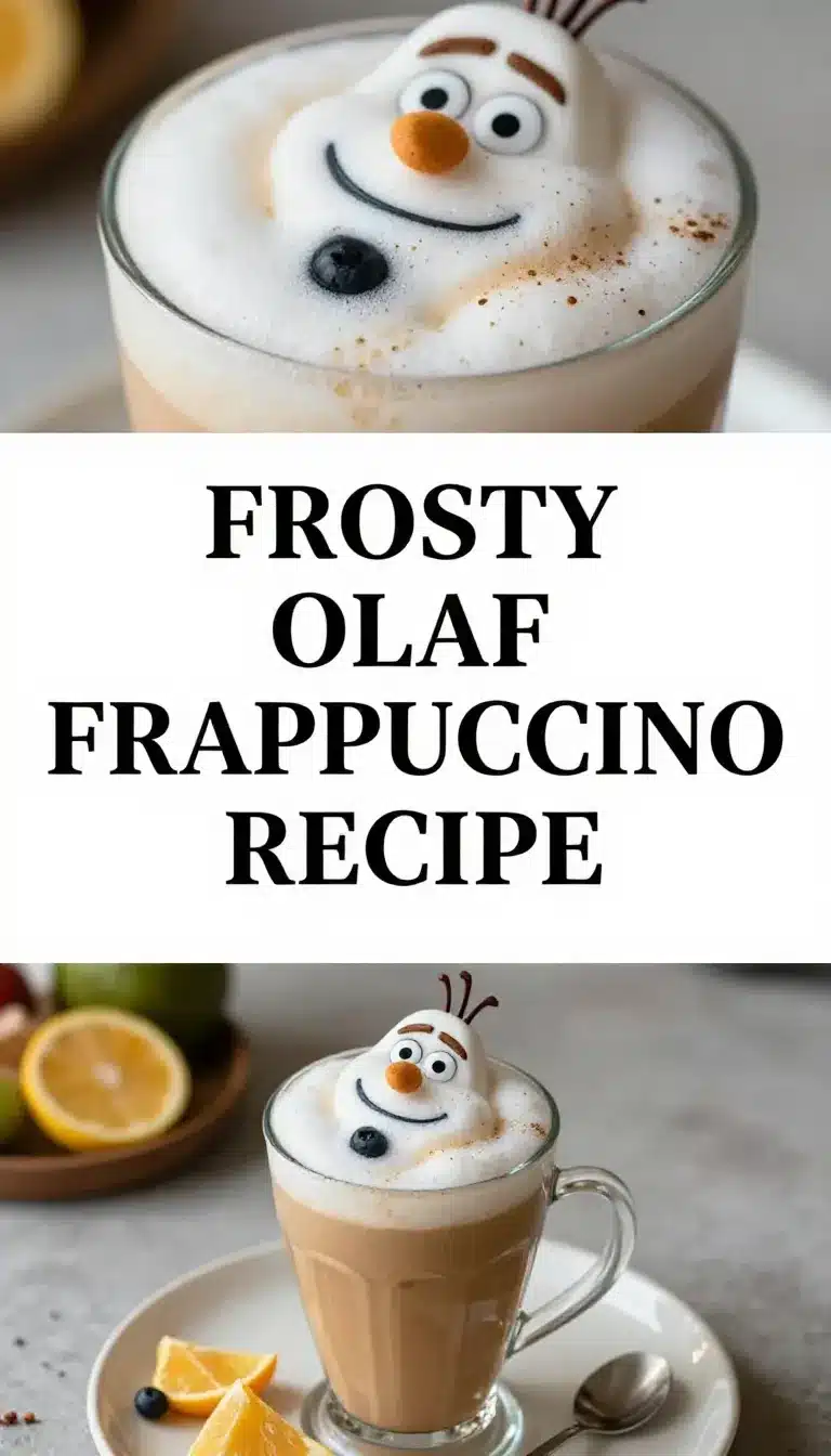 Olaf Frappuccino 4 A refreshing Olaf Frappuccino topped with whipped cream and a snowman cookie