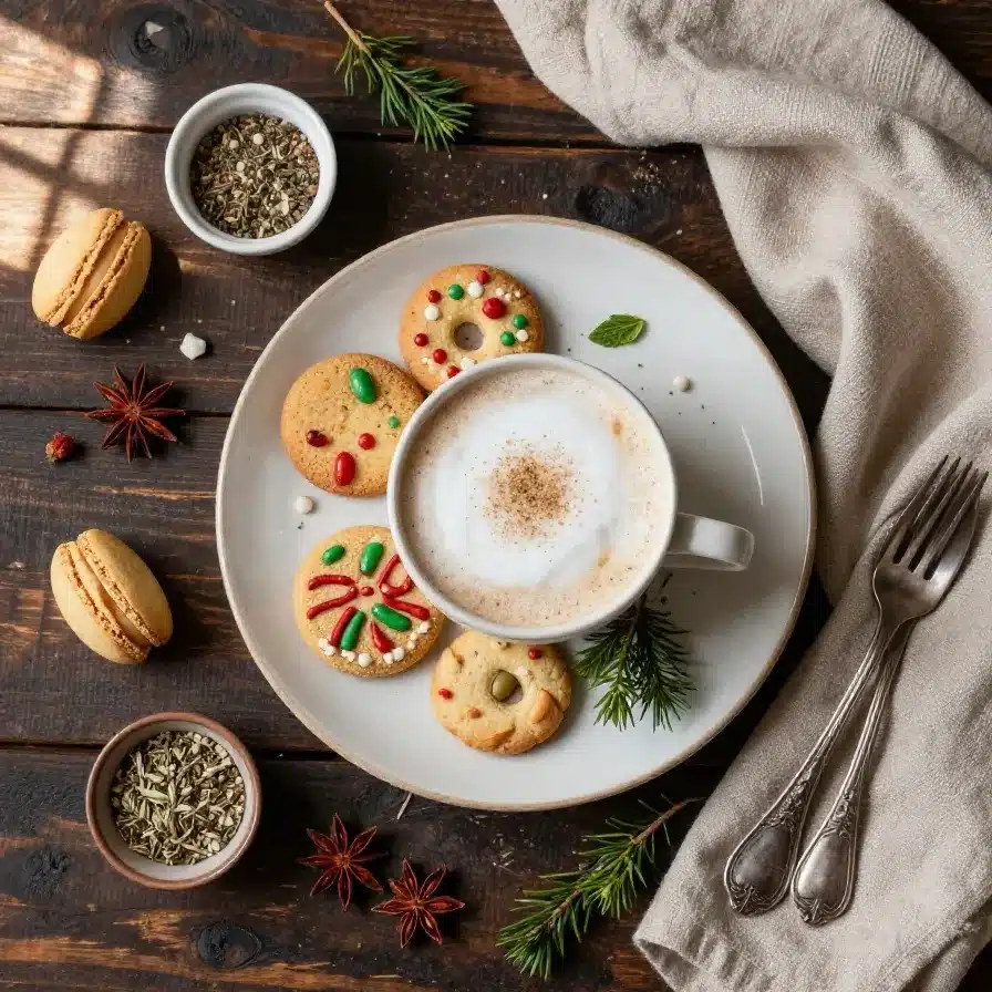 A festive Christmas Cookie Macchiato topped with whipped cream and cookie crumbs in a holiday-themed mug