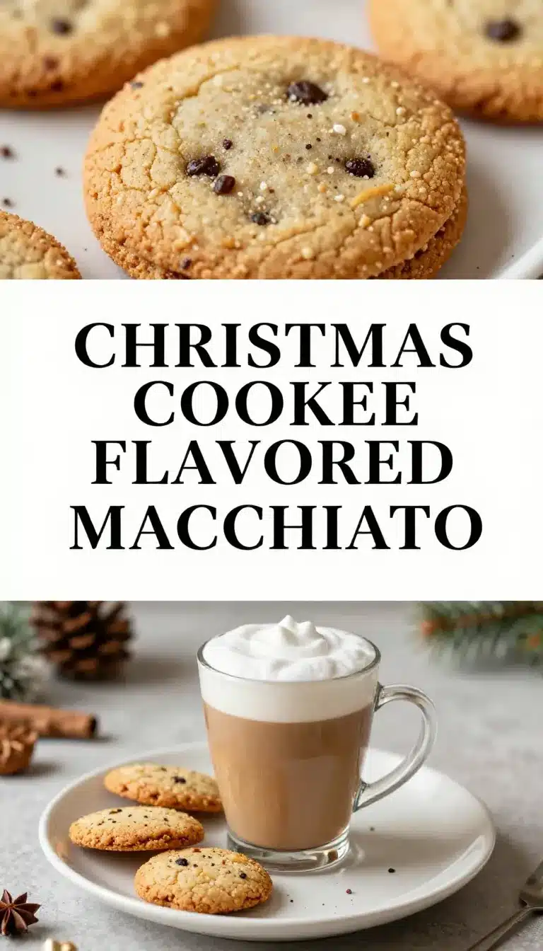 Christmas Cookie Macchiato 5 A festive Christmas Cookie Macchiato topped with whipped cream and cookie crumbs in a holiday-themed mug