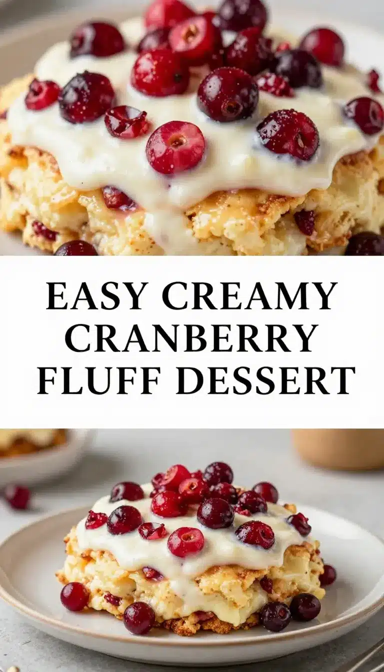 A bowl of vibrant cranberry fluff dessert topped with whipped cream and garnished with fresh cranberries.