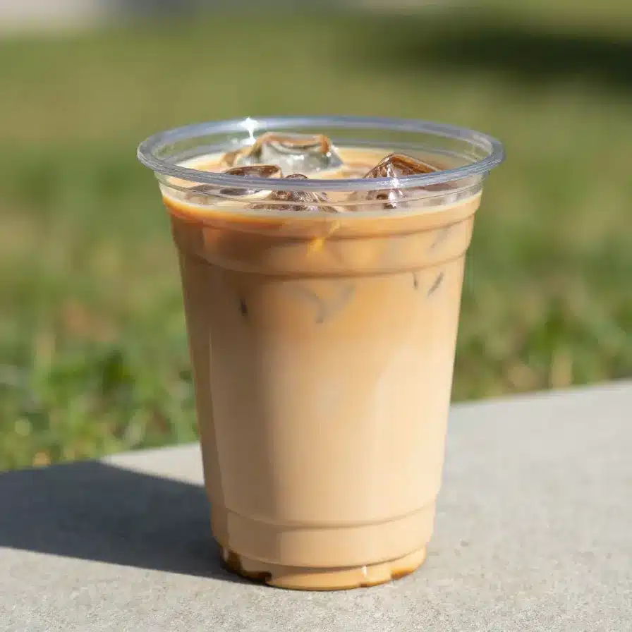 A close-up of a Caramel Brulee Shaken Espresso topped with whipped cream and caramel drizzle
