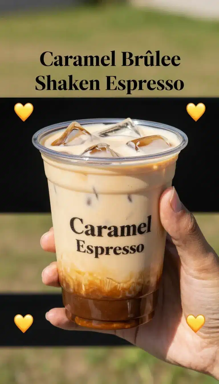 Caramel Brulee Shaken Espresso 5 A close-up of a Caramel Brulee Shaken Espresso topped with whipped cream and caramel drizzle