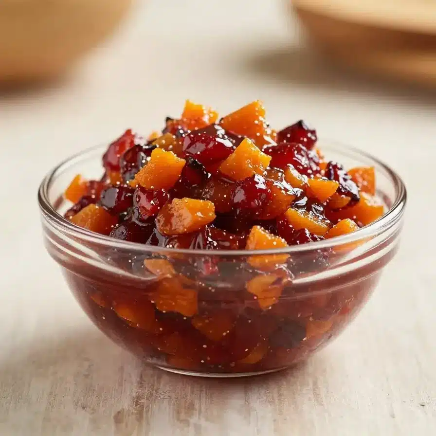 A vibrant bowl of chopped orange almond cranberry relish garnished with fresh mint leaves