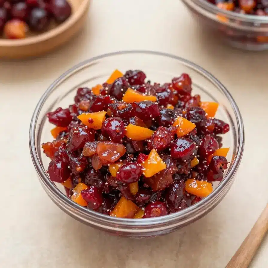 A vibrant bowl of chopped orange almond cranberry relish garnished with fresh mint leaves