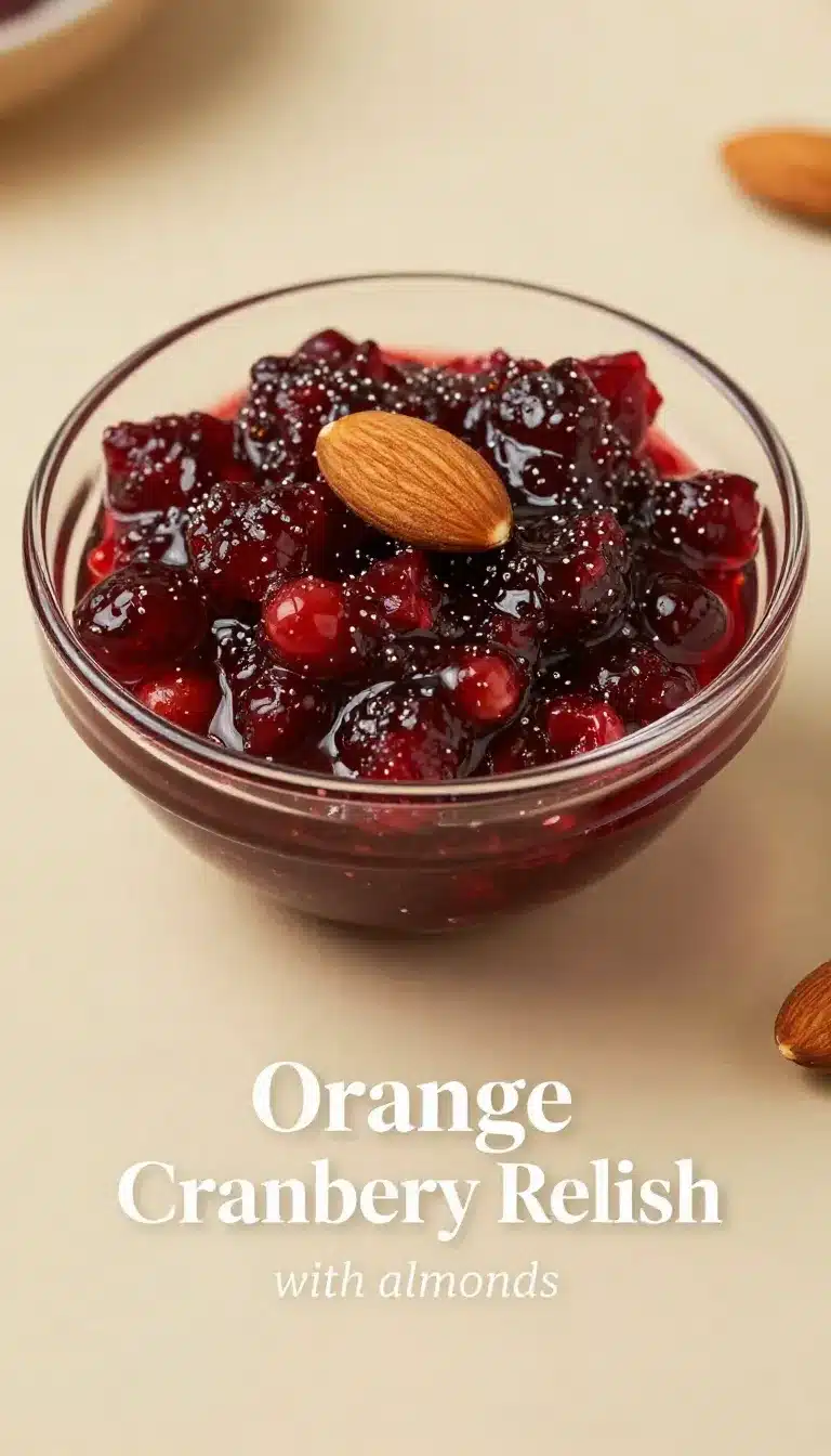 A vibrant bowl of chopped orange almond cranberry relish garnished with fresh mint leaves