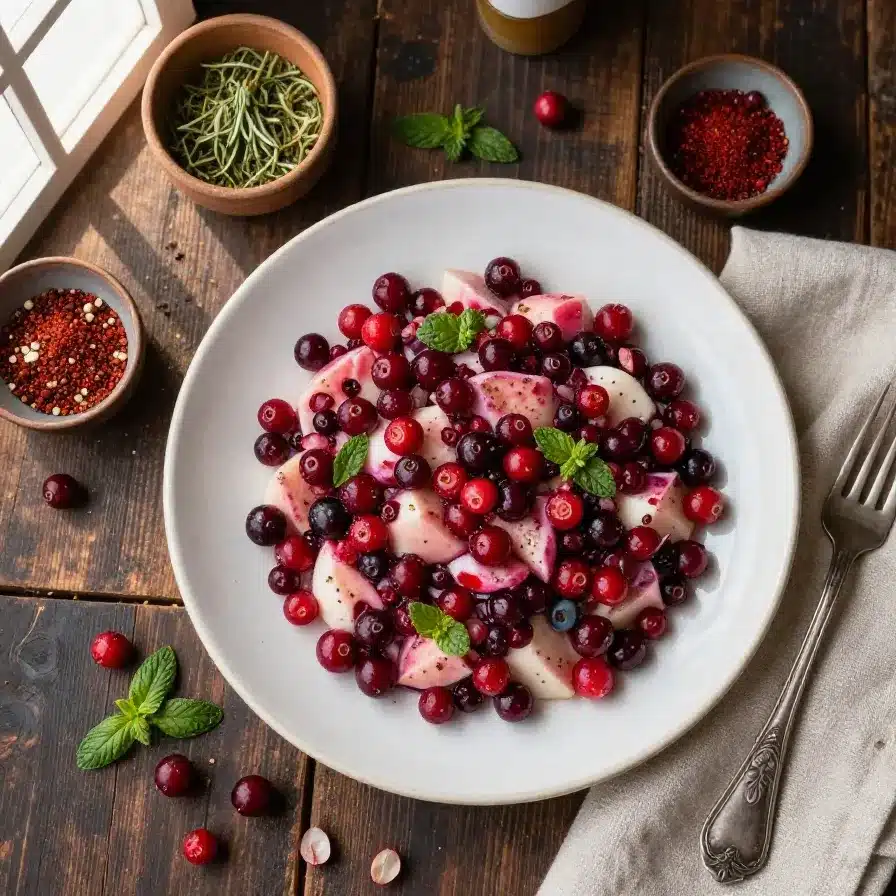 A vibrant cranberry salad with fresh greens and nuts, topped with a creamy dressing.